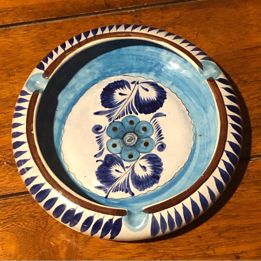 Tonala Mexico Pottery Hand Painted Blue Flowers Ashtray Signed Vintage
